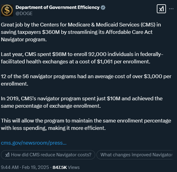 DOGE Highlights CMS’s $360 Million Savings in ACA Navigator Overhaul